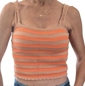 Flat White for Anthropologie Striped Knit Textured Crop Top Tank Orange Tan S